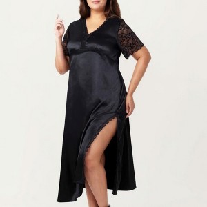 Anna-Kaci Lounge Women's Plus Size Satin Nightdress with Lace Trim Sleeves and High Side Slit Featuring Soft Draping Fabric - 1 of 4
