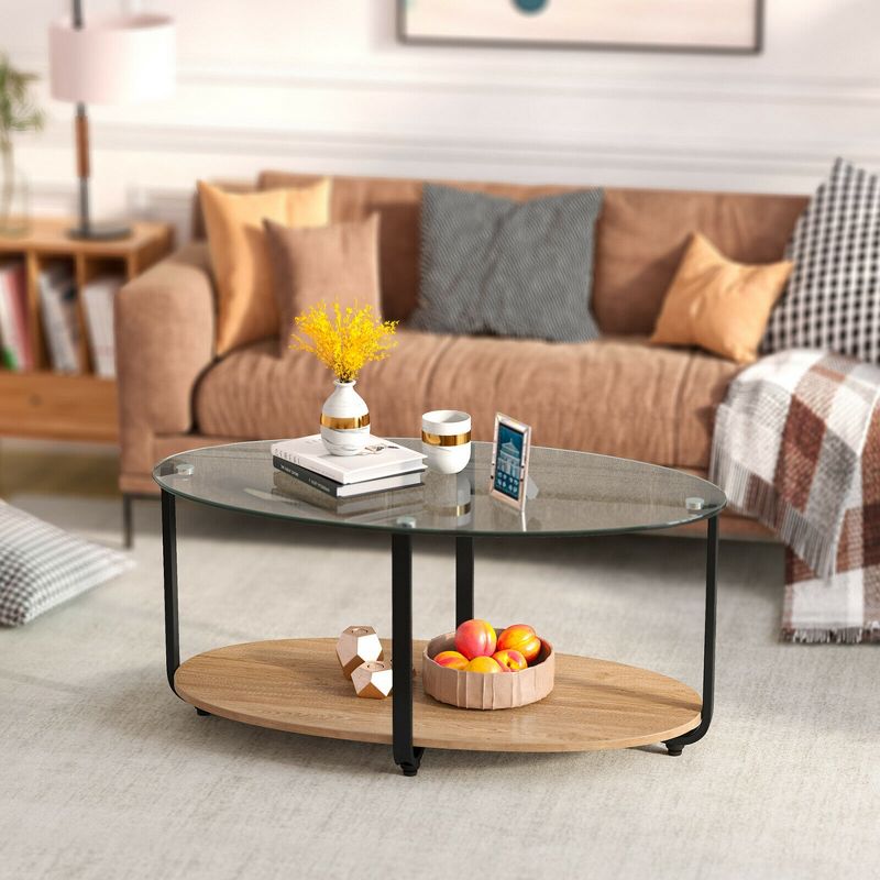 Costway Glass-Top Coffee Table 2-Tier Modern Oval Side Sofa Table w/ Storage Shelf, 3 of 13