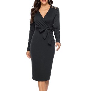 Coolmee Women's Work Bodycon Pencil Dress Long Sleeve with V Neck Midi Dress with Belt - 1 of 4