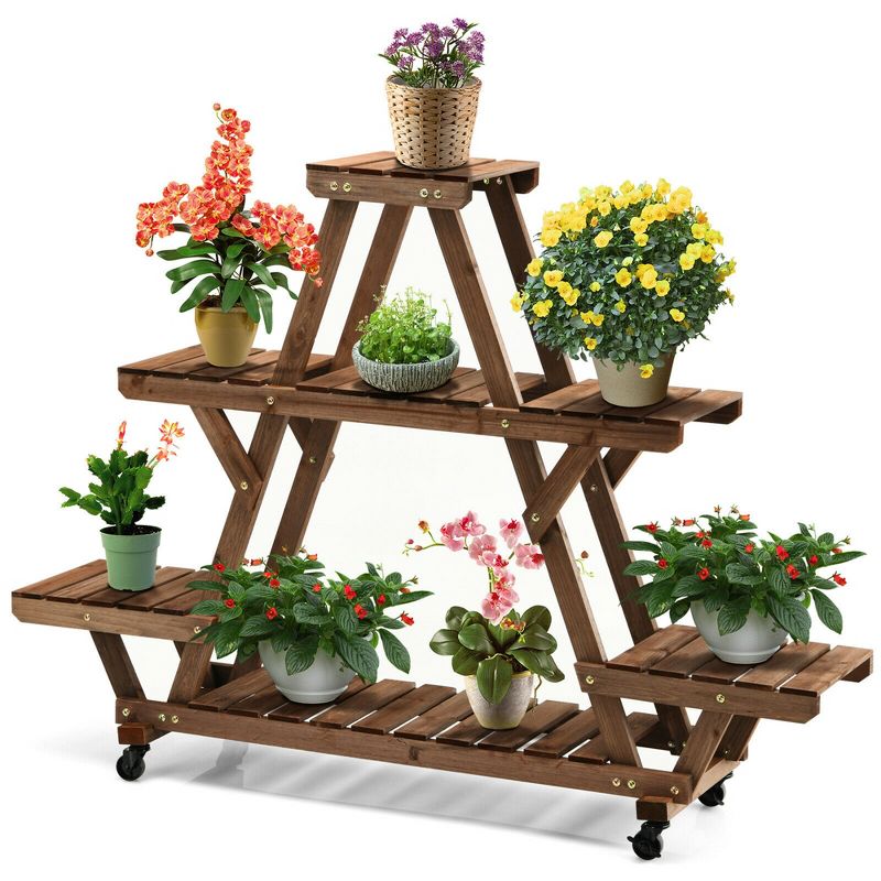 Costway Wooden Plant Stand w/Wheels Pots Holder Display Shelf 56.5'' x 11'' x 41'', 1 of 13