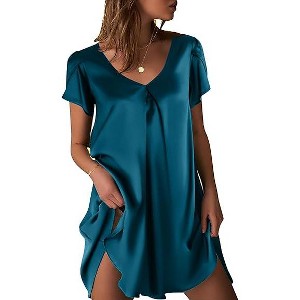 Ekouaer Women's Satin Nightgown Short Sleeve Sleepdress V-Neck Sleepwear  Loose Silk Sleepshirt Blue Green S : Target