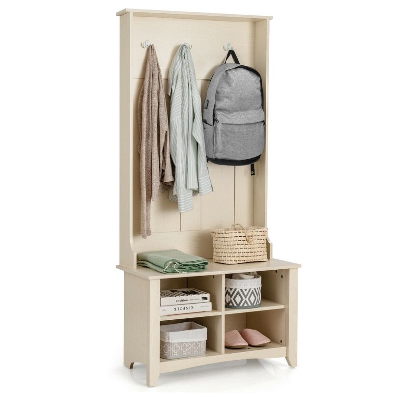 Costway Hall Tree Storage Bench Entry Stand Coat Hat Rack with Shelf & 3 Hooks Organizer, 1 of 10