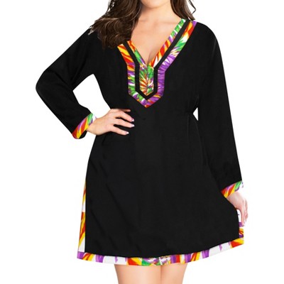 LA LEELA Women's Summer Bathing Suit Cover Ups Holiday Beachwear Mini Swim Suit Loose Beach Dress Mini Boho Dress X-Large-XX-Large Black, Solid