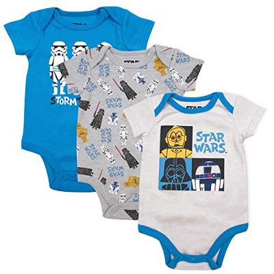 Star Wars Baby Boy's 3 Piece Graphic Printed Bodysuit Creeper with Snap Crotch Button and Shoulder Flaps Bundle Set for infant