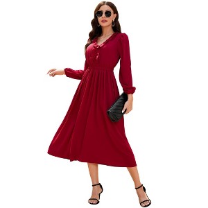 A-Line Dress for Women Fall 2025 Flounce V Neck Pleated Dress Lantern Sleeve Formal Dresses Church Dress - 1 of 4