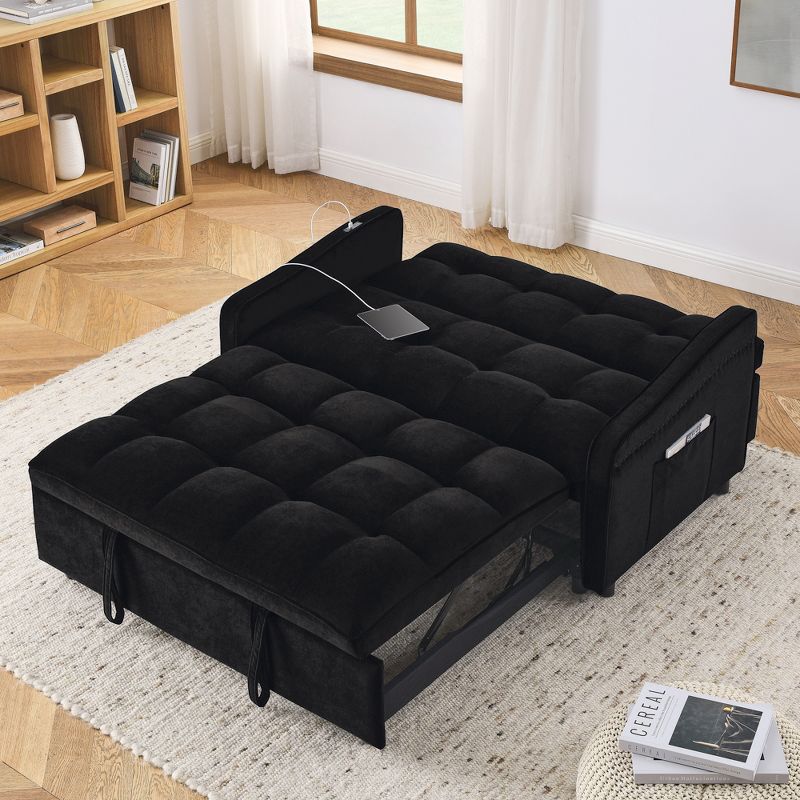 53" Pull-Out Sleeper Sofa Bed With TypeC and USB Charging, Upholstered Loveseats Sofa with Adjsutable Back and Two Arm Pocket - ModernLuxe, 4 of 15