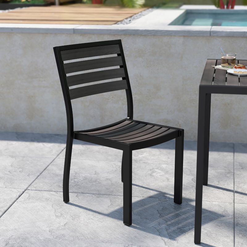 Flash Furniture Lark Outdoor Side Chair with Faux Teak Poly Slats, Set of 2, 2 of 12