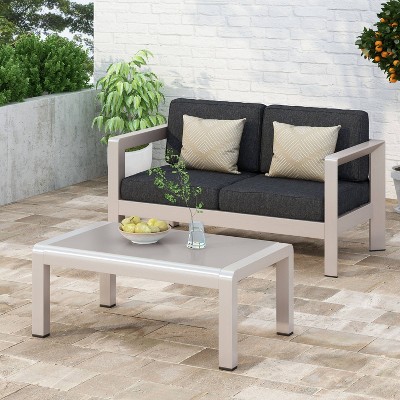 Aviara 2pc Aluminum Patio Loveseat & Coffee Table Set: Weather-Resistant, Modern - Christopher Knight Home