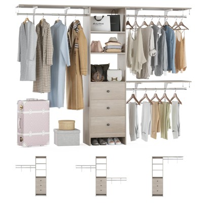 FURNIinspire Garment Racks Closet Organizer, High Capacity Wardrobe Rack With 3 Drawers, Shelves, Expandable Hanger Rods, Brownr, 96"*16"*75"