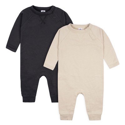Image of Gerber Baby Boys' Raglan Sleeve Romper, 2-pack, Tan & Dark Gray, 0-3 Months