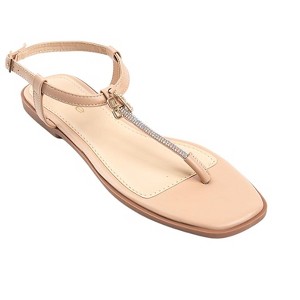 bebe Women's T-Strap Sandals - Flat Thong Sandals with Rhinestone Detail and Logo Charm - 1 of 4