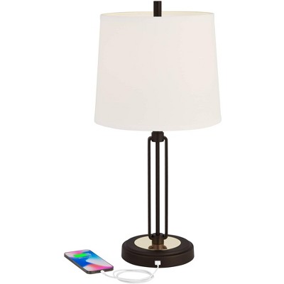Franklin Iron Works Javier Industrial Table Lamp 24 1/2" High Bronze with USB Charging Port White Drum Shade for Bedroom Living Room Bedside Home Desk