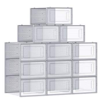 SONGMICS Shoe Boxes - Pack of 12 Stackable Clear Plastic Organizers for Sneakers, Closet Storage, Fits up to US Size 11, Transparent and Gray