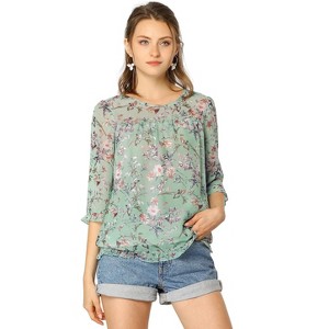 INSPIRE CHIC Women's Round Neck Ruffle 3/4 Sleeve Floral Print Chiffon Blouse - 1 of 4