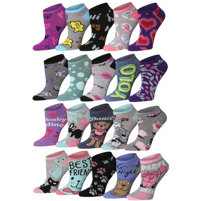 Tipi Toe Women's 20 Pairs Colorful Cute Love Heart Dog Animal Patterned Low Cut/No Show Socks