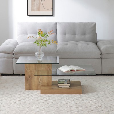 GDFStudio Leila 43.7" Wood and Glass 3-Tierer Z-Shape Coffee Table