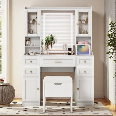 FONTOI 41.4"W Makeup Vanity Desk with Mirror 4 Cabinets Charging Station Cushioned Storage Stool for Bedroom Dressing Room, White, 41.4"*15.8"*59.6"