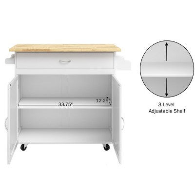 White and Oak Wood Rolling Kitchen Cart with Spice Rack and Storage