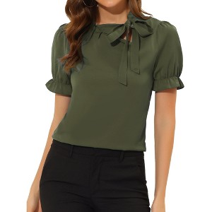INSPIRE CHIC Women's Bow Tie Neck Solid Color Elastic Cuffs Elegant Office Short Sleeve Blouse - 1 of 4