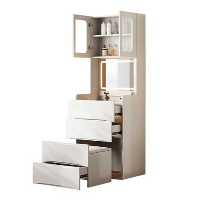 AENKYO 3-in-1 Flip Top Vanity Table with 3 - Color LED Mirror & Storage Stool, Makeup Dressing Desk with 5 Storage for Living Room