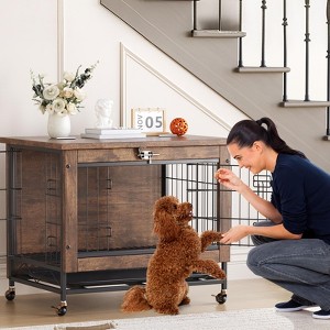 Small Dog Crate Furniture with 2 Doors and Wheels, 26.4 in L x 19.7 in W x 25.6 in H Heavy Duty Wooden Indoor Kennel Dog House Cage Side End Table - 1 of 4