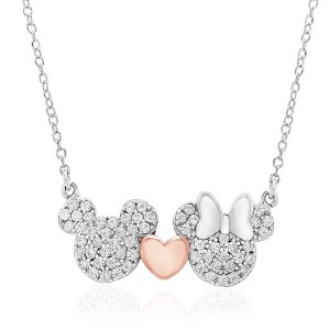 Disney Women's Mickey and Minnie Mouse Sterling Silver Pink Heart Necklace, 18" - 1 of 4