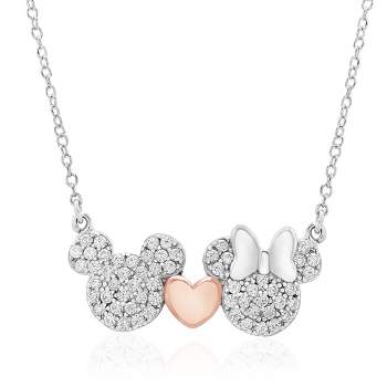Disney Women's Mickey and Minnie Mouse Sterling Silver Pink Heart Necklace, 18"
