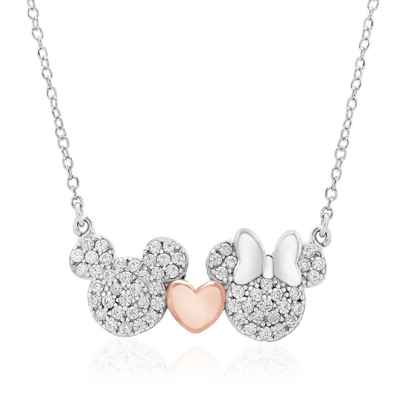 Disney Women's Mickey and Minnie Mouse Sterling Silver Pink Heart Necklace, 18", 1 of 5