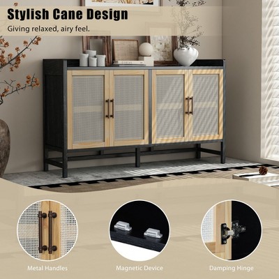 Okak Buffet Cabinet, Sideboard Cabinet with 4 Decorative Rattan Doors, Storage Cabinet for Entryway, Dining Room, Kitchen, Living Room, Black