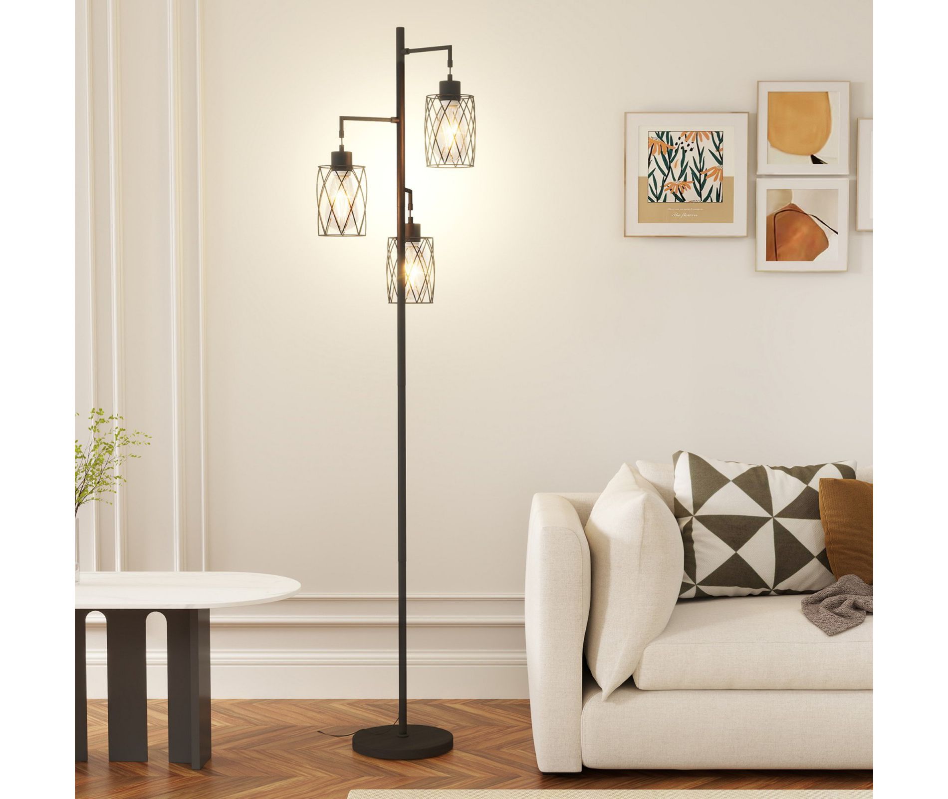 TiramisuBest 67 Inch 3 Light Tree Floor Lamp Foot Switch Cage Shades Industrial Modern Living Room Bedroom Corner, Black
