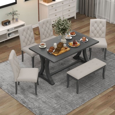 NicBex Dining Table Set for 6 Farmhouse Rectangular Trestle Table Set with 4 Upholstered Chairs and Bench for Kitchen