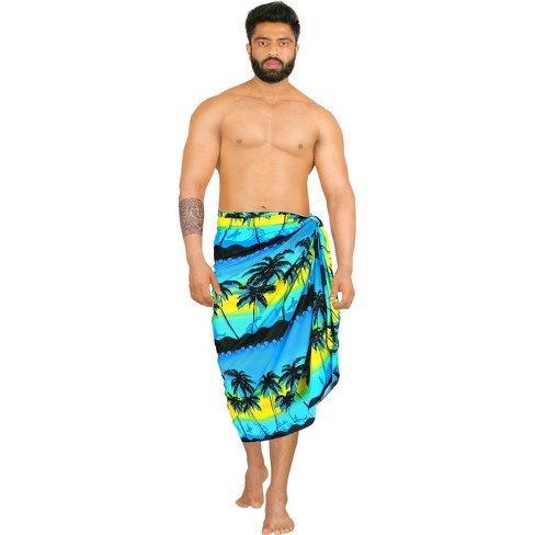 HAPPY BAY Men's Lava Lava Hawaiian Vacation Sarongs Summer Beach Cover Swimwear Holidays Pareo Beachwear Men One Size Allover Monstera Leafs Blue Dad