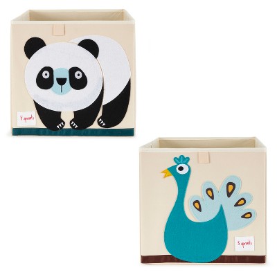 3 Sprouts Children's Large 13 Inch Foldable Fabric Storage Cube Box Panda Bear Toy Bin with Blue Peacock Toy Bin