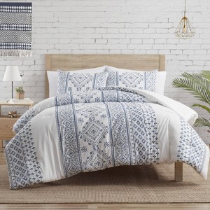 VCNY 3pc King Denim Geometric Striped Comforter Set: Hypoallergenic, Microfiber, Bohemian Style - 1 of 4