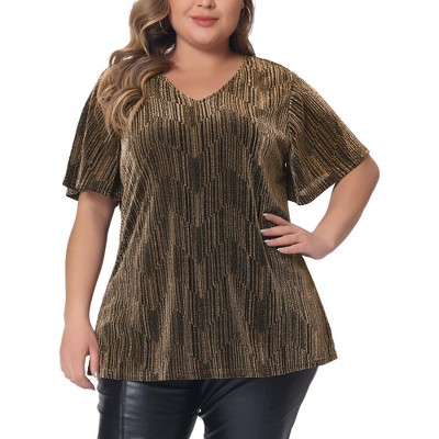 Unique Bargains Women's Plus Size Sequin Top Sparkly One Shoulder Party  Tops 1X Gold