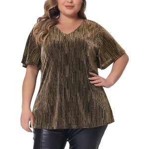 Women's Plus Size Metallic V Neck Short Sleeve Party Club Blouse - Agnes Orinda - 1 of 4