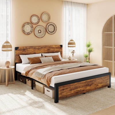 Full Size Bed Frame, Full Bed Frame with Wooden Headboard, Bed Storage and Metal Legs. Noise-Free, No Box Spring Required, and Easy Assembly