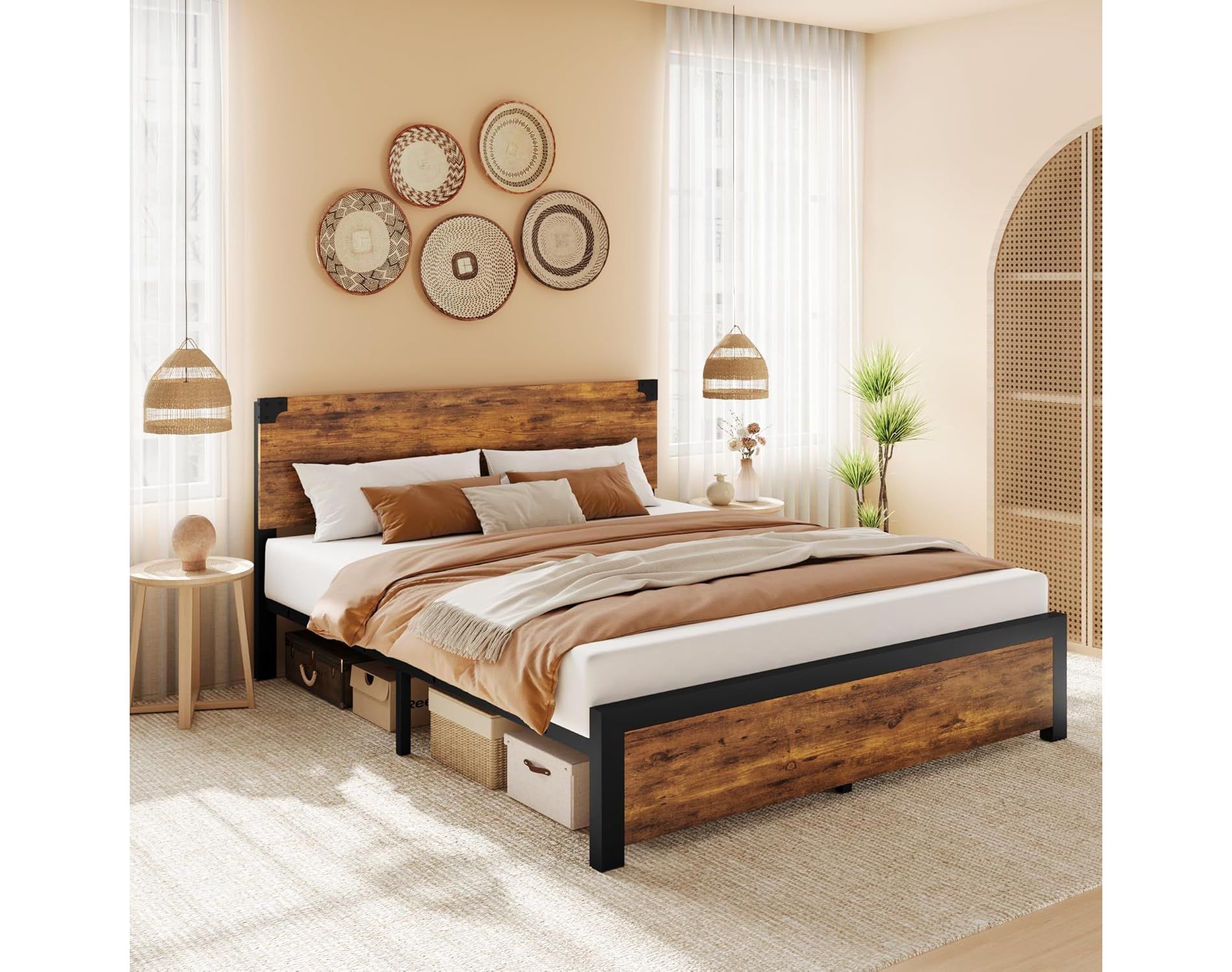 Bed Frame with Wooden Headboard, Platform Bed Frame with Storage Noise-Free