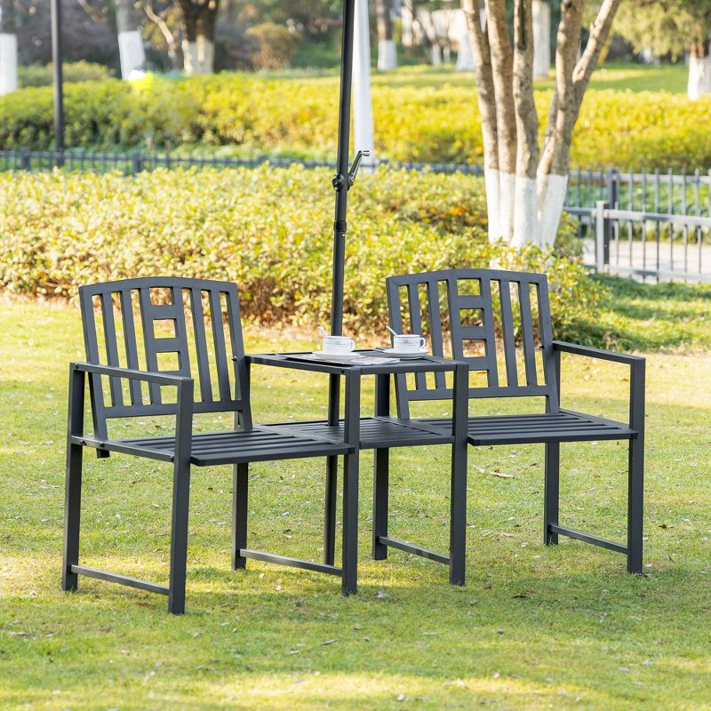 Outsunny Metal Garden Bench with Middle Table and Umbrella Hole, 2-in-1 Double Patio Chairs, Outdoor 2-person Tete-a-Tete, Slatted, Black, 3 of 12