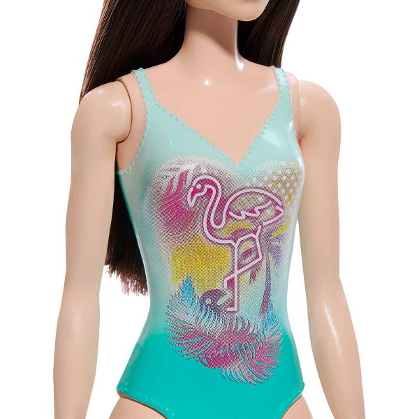Muñeca Barbie de playa con cabello negro y traje de baño azul tropical 3