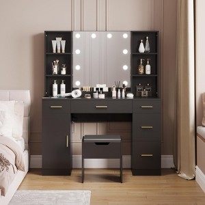 Vanity Desk With Led Lighted Mirror, Makeup Vanity With 10 Led Lights & 5 Metal Sliding Drawers, 3 Color Brightness Adjustable,With 6 Open Shelves - 1 of 4