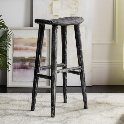 Transitional Black Wood Saddle Bar Stool, 18" W x 31" H