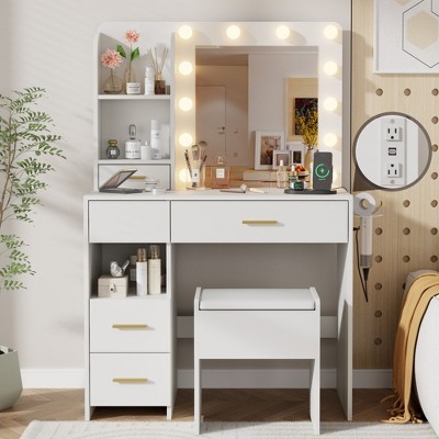 Vanity Desk with LED Lighted Mirror, 3 Lighting Colors Makeup Vanity Desk with 5 Large Drawers and 3 Storage Shelves