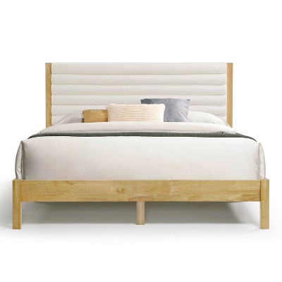 Natural Queen Platform Bed with Boucle Upholstered Headboard