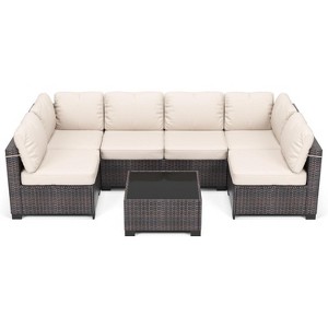 7-Piece Patio Set with Dining Table, Modular Sectional Sofa, All-Weather Wicker - 1 of 4