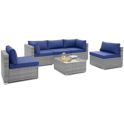Tangkula 6PCS Patio Conversation Furniture Set Rattan Sectional Sofa Set w/ Navy Cushions