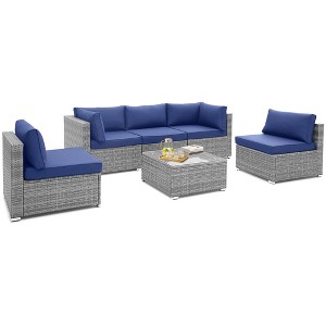Tangkula 6PCS Patio Conversation Furniture Set Rattan Sectional Sofa Set w/ Navy Cushions - 1 of 4