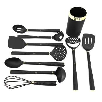 SET of 5 CALPHALON Cooking Utensils Kitchen Essentials Black & Gray & Wood  Spoon