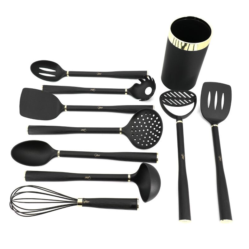 Gibson Home Hampsbridge 10 Piece Nylon Kitchen Tool Set and Utensil Crock in Black and Gold, 1 of 9
