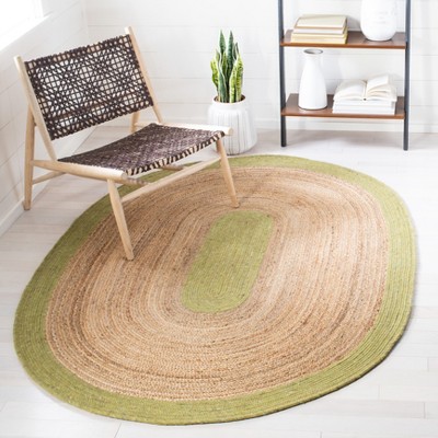 Handmade Green and Natural Oval Wool Cotton Braided Rug 4' x 6'